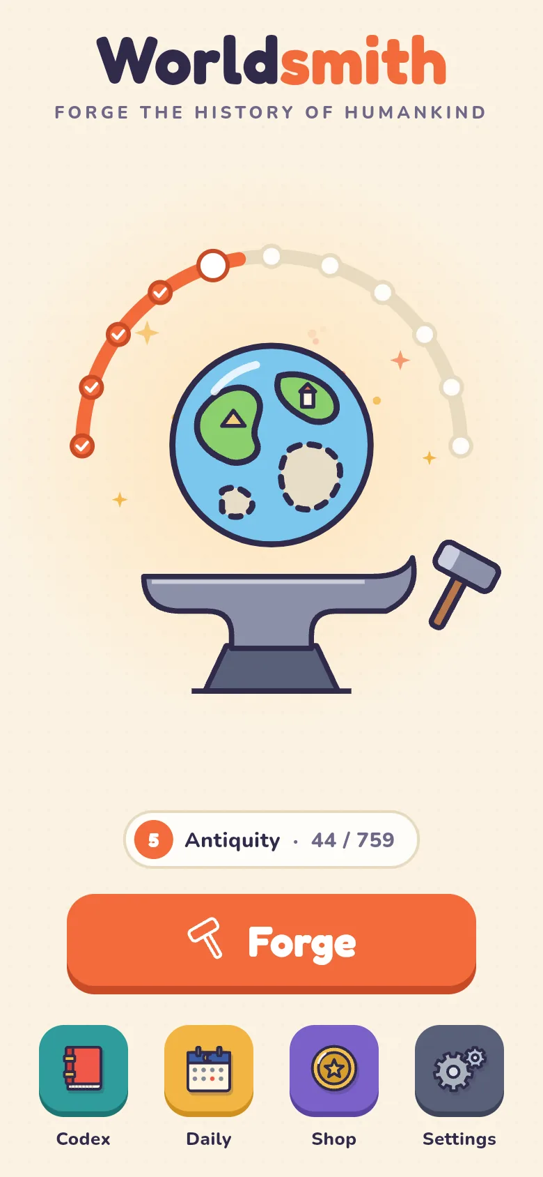 Worldsmith main menu with the era ring and the Forge button